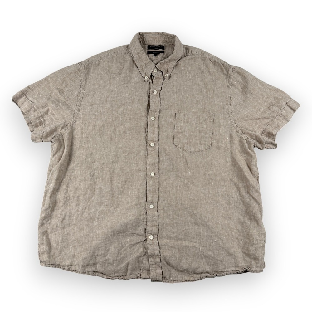 Banana Republic Shirt Mens XXL Tan Linen Button Down Short Sleeve Standard‎ Fit